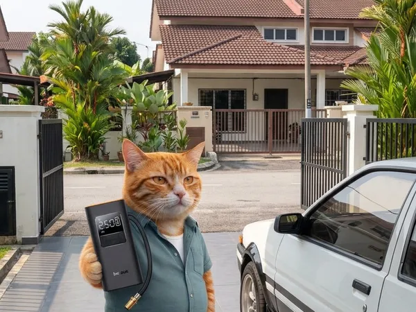 Khair memegang pam tayar Baseus SuperMini Pro di depan rumah